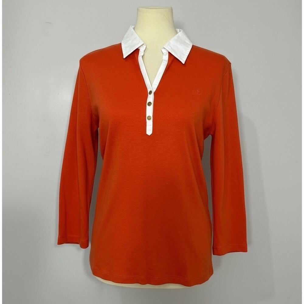 NWT Ralph Lauren Polo Shirt Orange Womens Top Sz Large 3/4 Cotton Stretch Preppy
